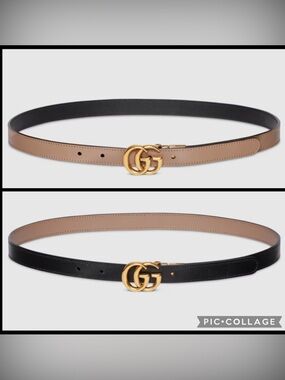 Authentic Gucci GG Marmont Reversible Thin Leather Belt, Black/Pink 90